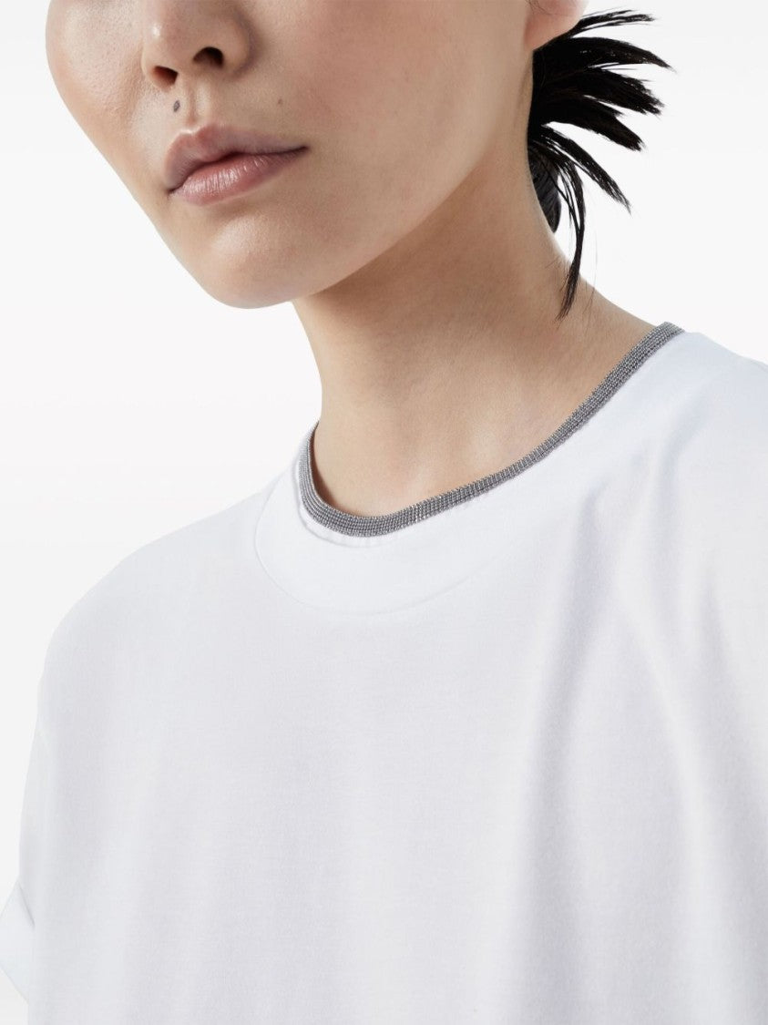 Brunello Cucinelli White Monili Detail Crew Neck Cotton T-Shirt