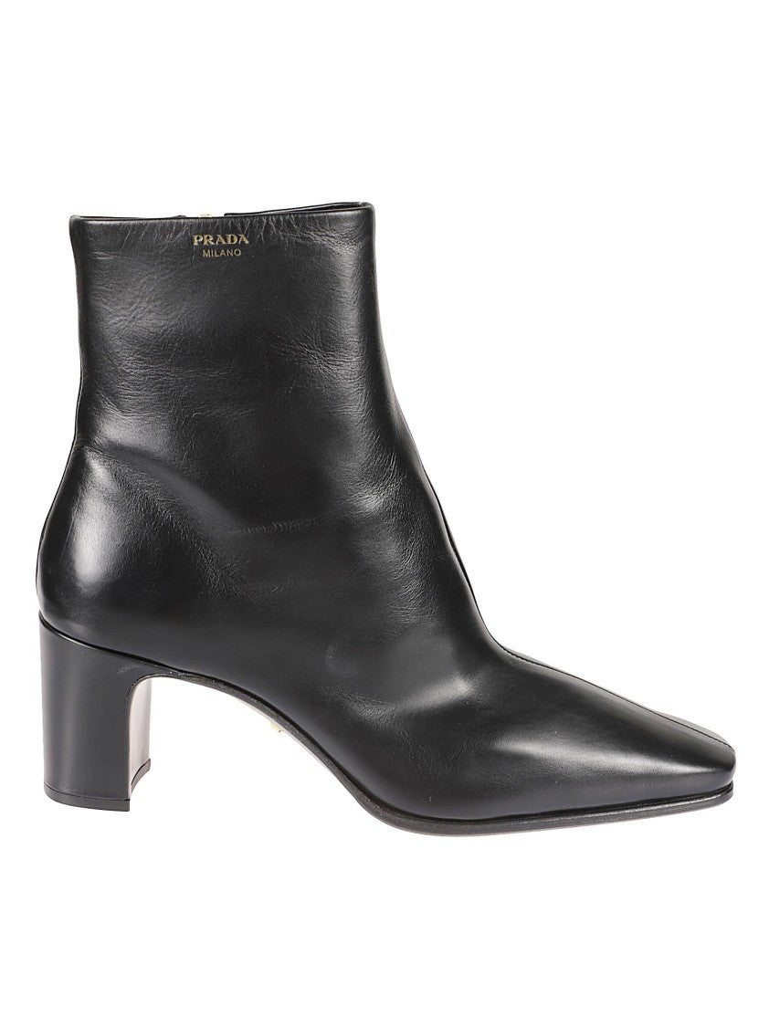 Prada Polished Leather Ankle Boot With Pointed Toe And Gold-Tone Zip