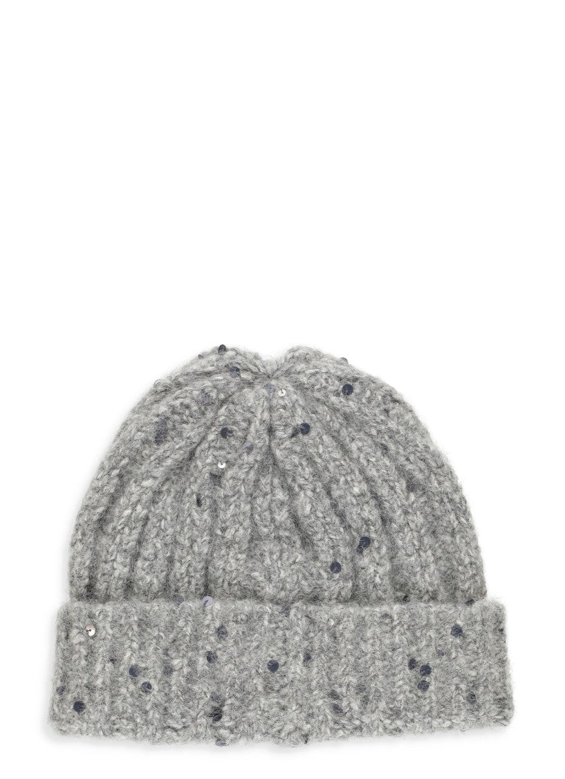 Panicale Grey Alpaca-Blend Paillettes Ribbed Beanie Hat