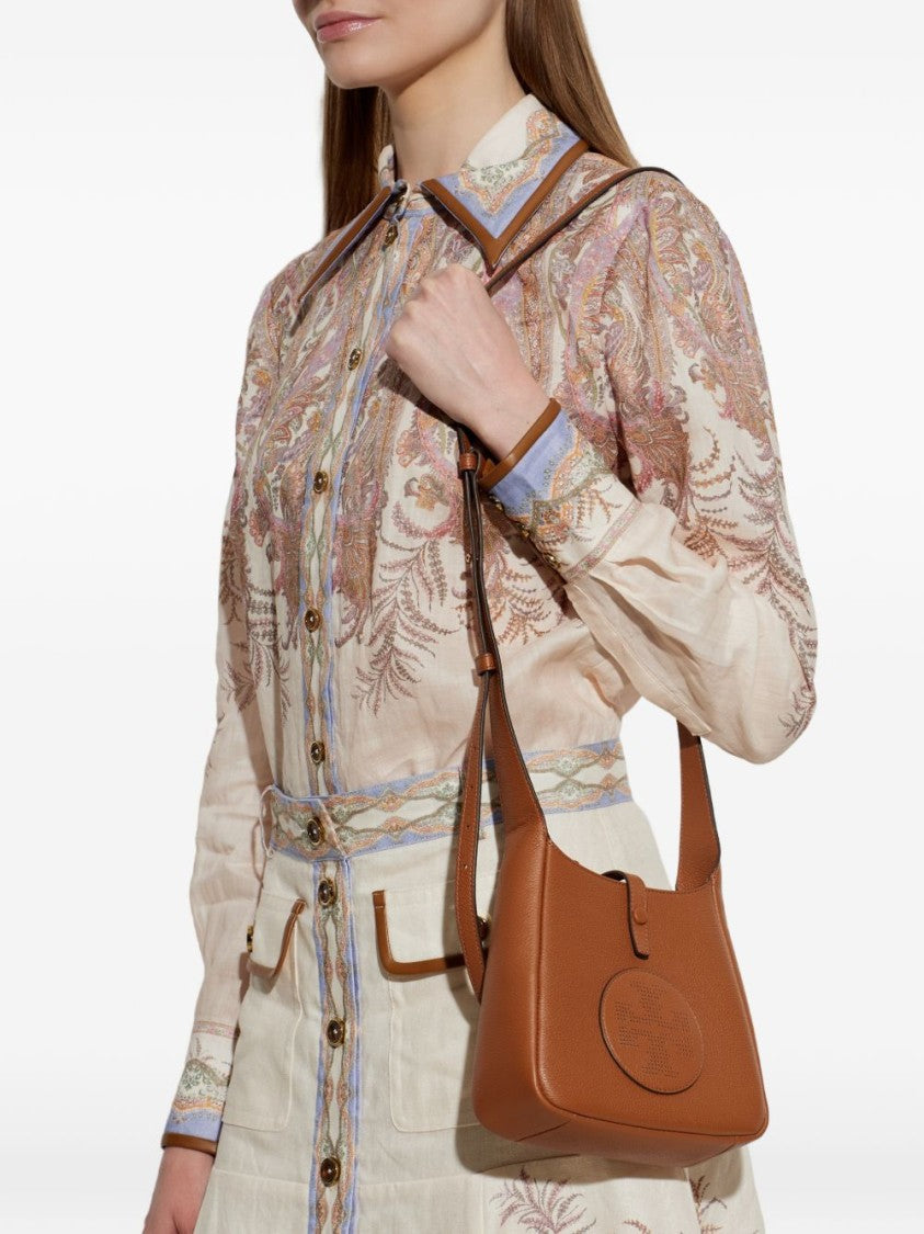 Tory Burch Structured Medium Brown Pebbled Leather Bag With Logo Detail