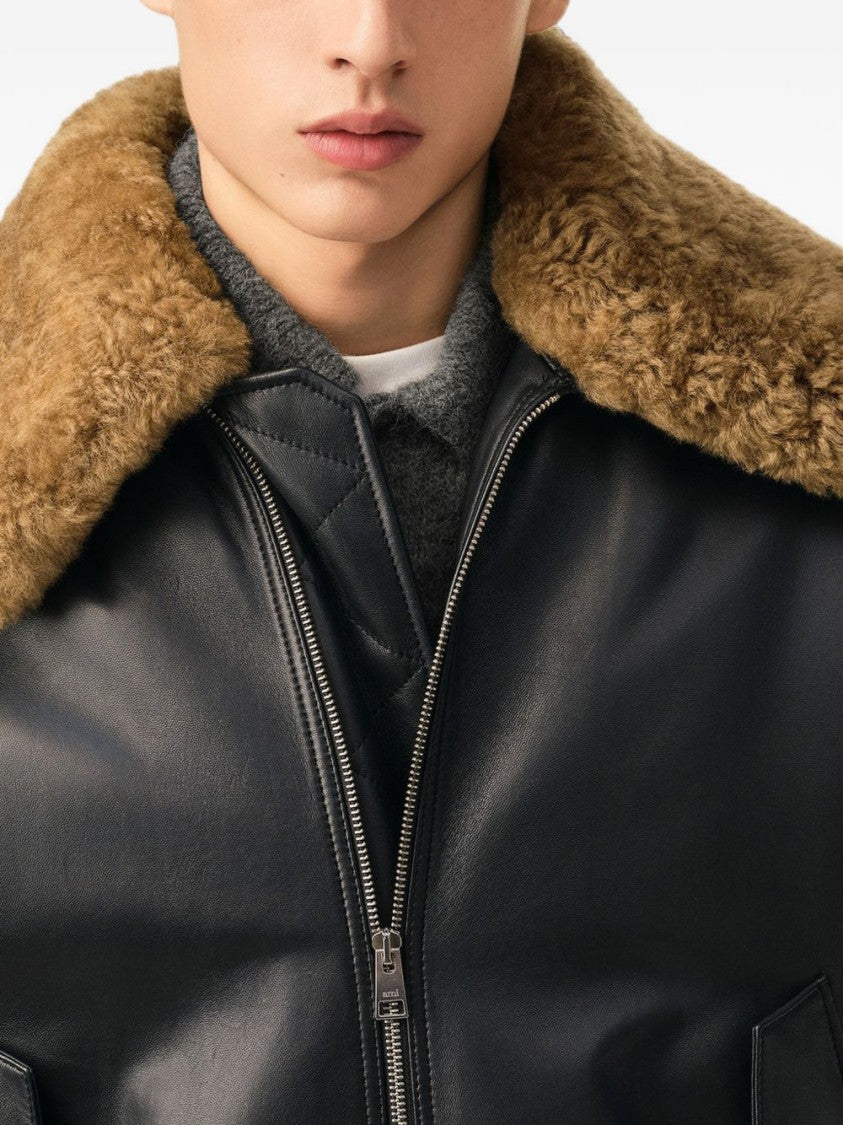 Ami Paris Voluminous Black Leather Jacket With Plush Shearling Collar