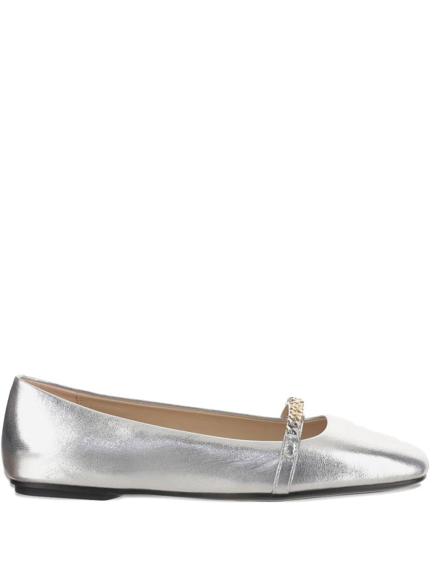 Pinko Pointed Toe Flats With Metallic Silver Finish And Chain Detail
