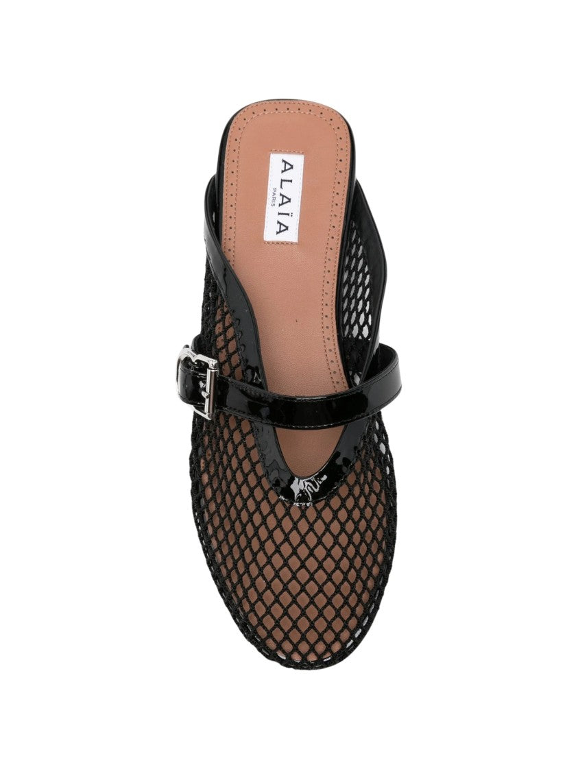 Alaïa Black Pointed Toe Mesh Buckled Ballet Flats
