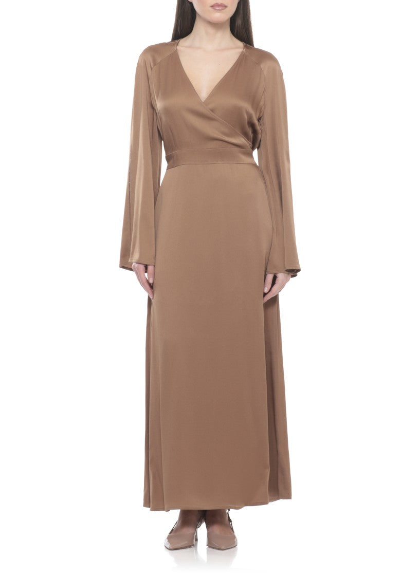 Fabiana Filippi Brown Viscose Midi Dress With V-Neck And Lace Details
