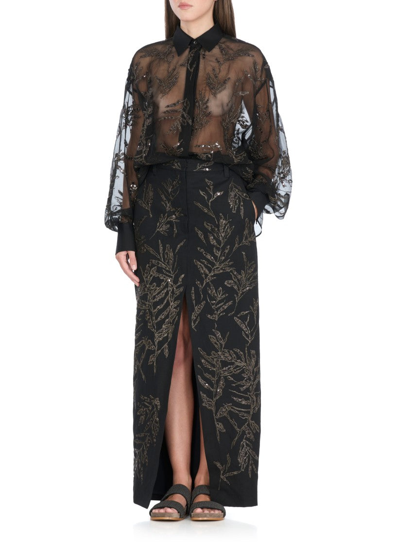 Brunello Cucinelli Black Silk Shirt With Floral Embroidery