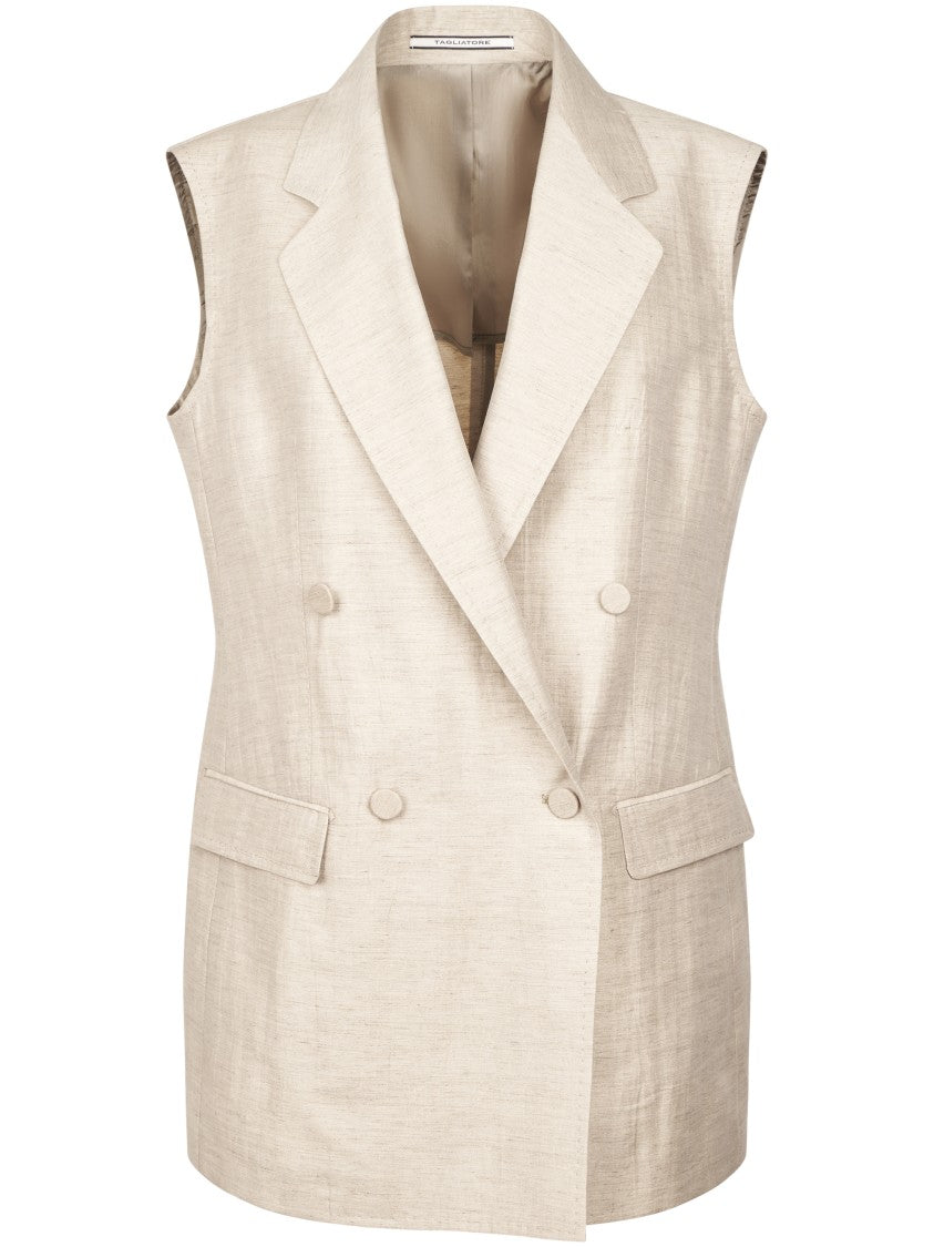Tagliatore Sleeveless Double-Breasted Dove Grey Jacket With Notched Lapel
