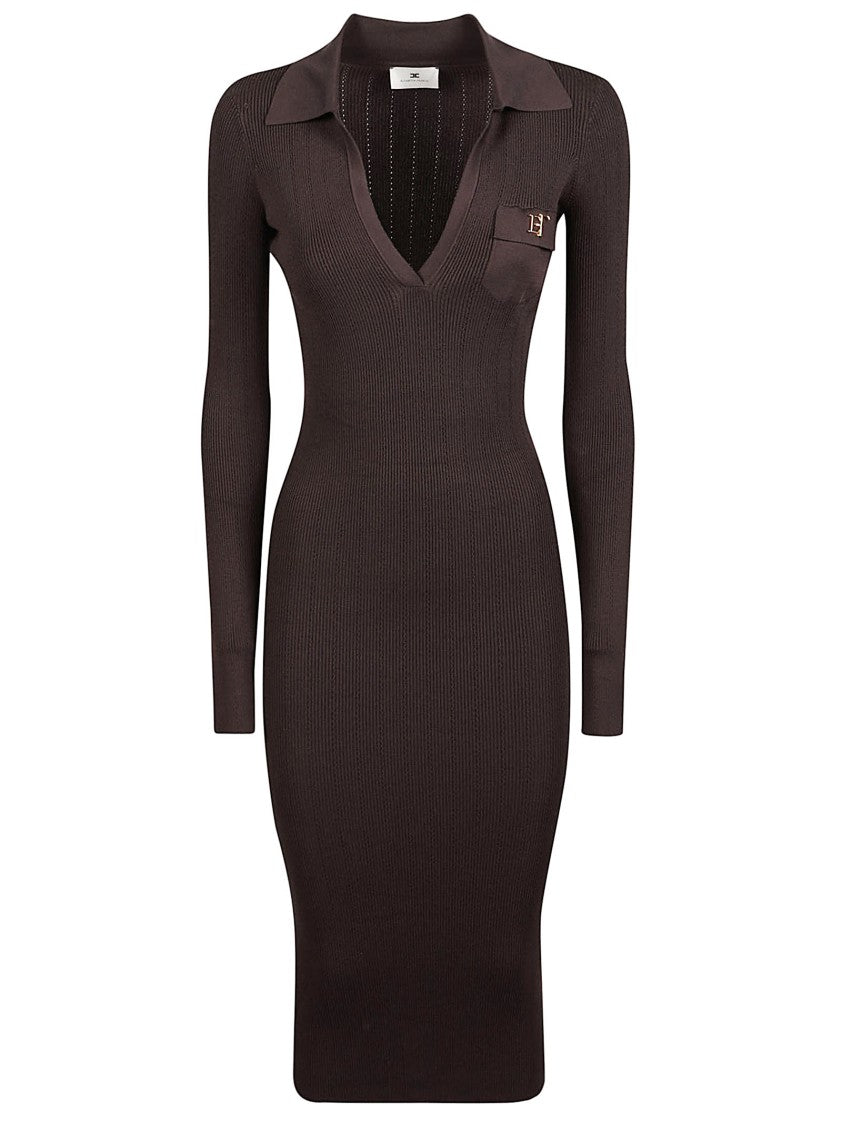 Elisabetta Franchi Fitted Ribbed Midi Dress With Deep V-Neckline And Classic Collar