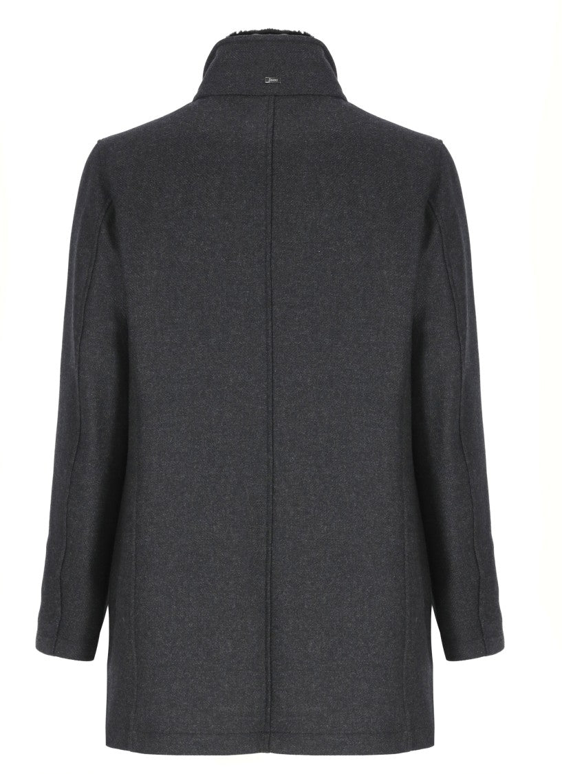 Herno High Neck Grey Wool Coat With Zip And Button Fastening