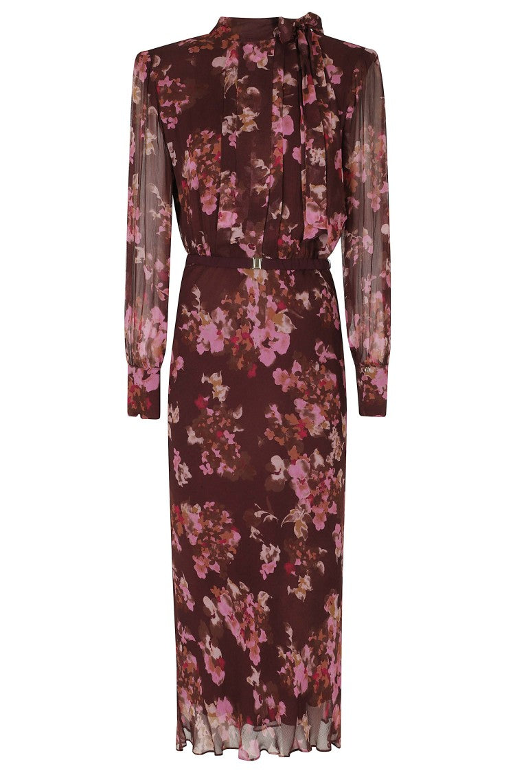 Nissa Bordeaux Ruffle Waistband Floral Print Viscose Evening Dress
