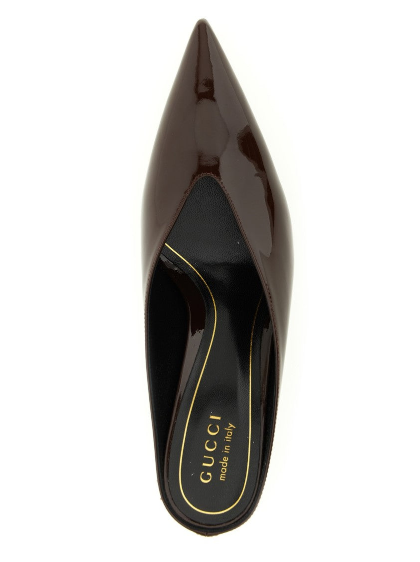 Gucci Brown Patent Leather Mules With Pointed Toe And Slender Heel