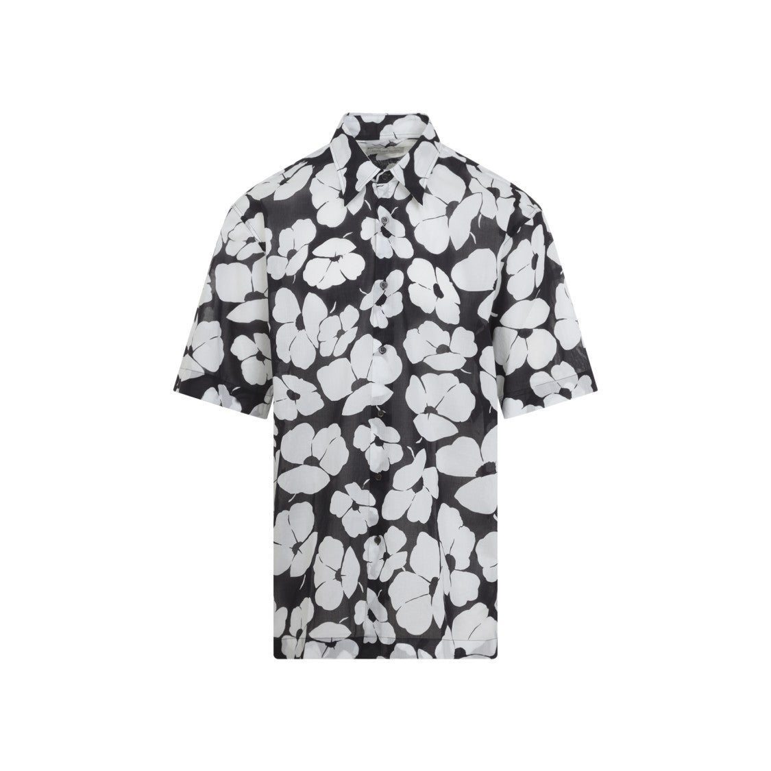 Dries Van Noten Short-Sleeve Black Cotton Shirt With Floral Pattern