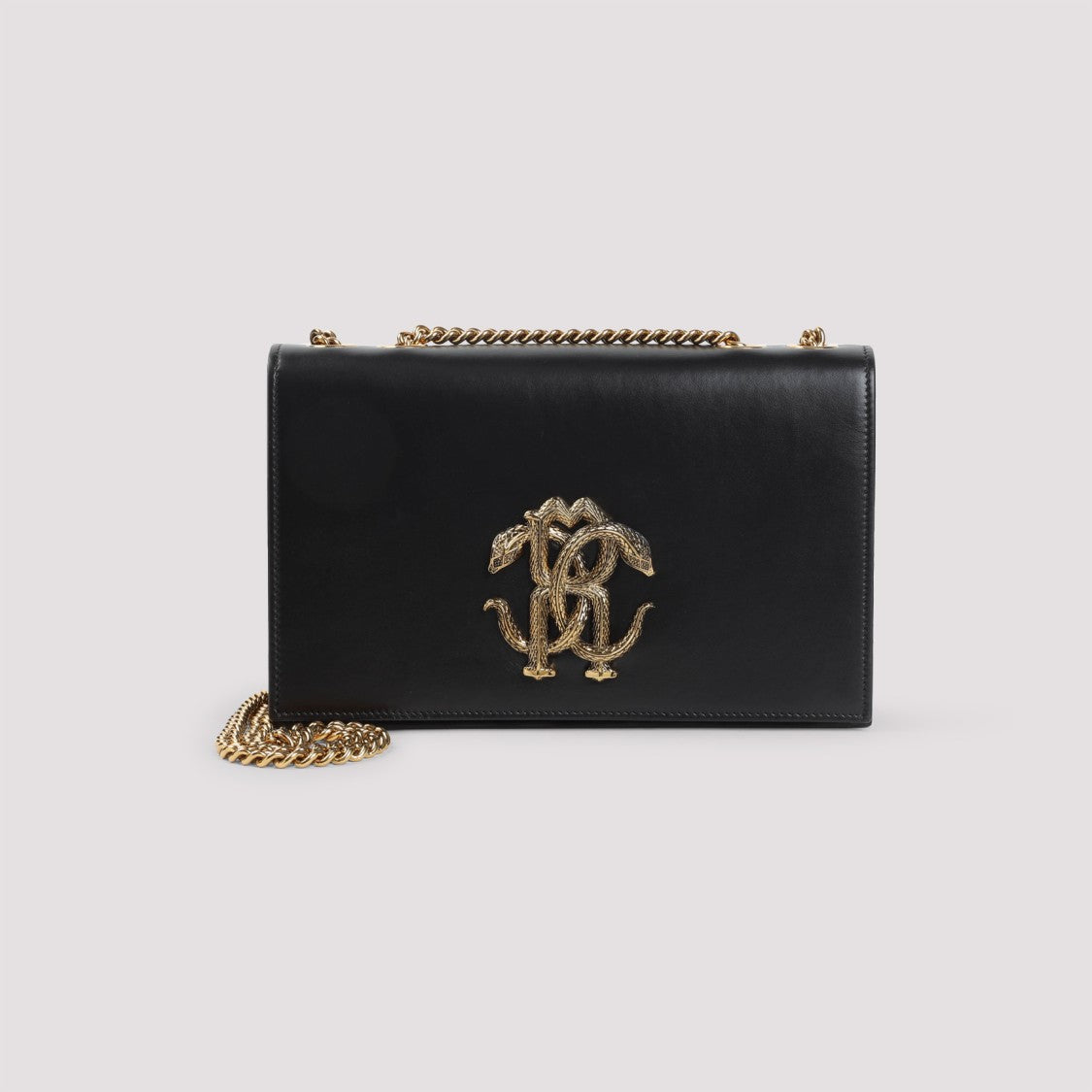 Roberto Cavalli Black Leather Shoulder Bag With Gold-Tone Logo