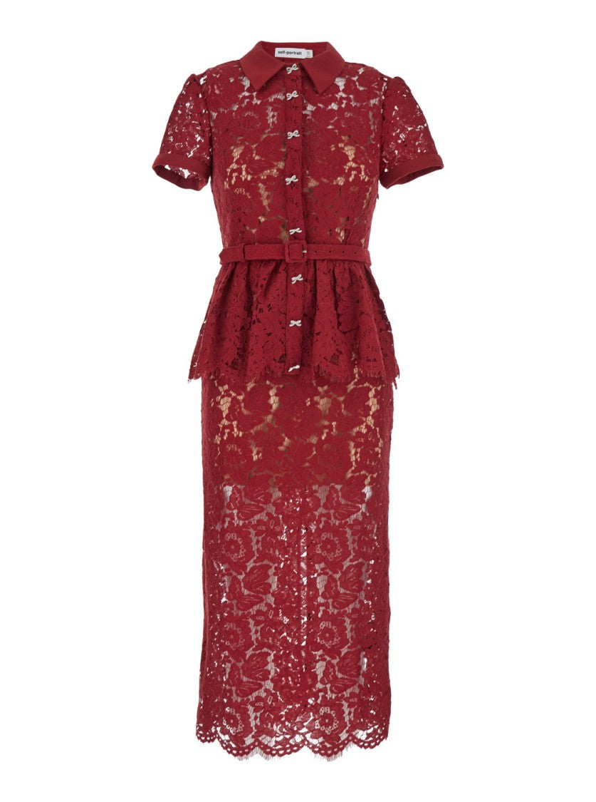 Self-Portrait Burgundy Lace Peplum Midi Dress