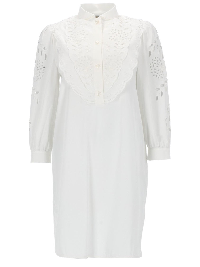 Valentino Crisp Popeline Mini Dress With Scalloped Bib And Embroidered Sleeves