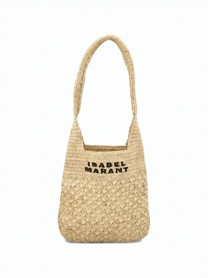 Isabel Marant Woven Raffia Shoulder Bag With Embroidered Logo