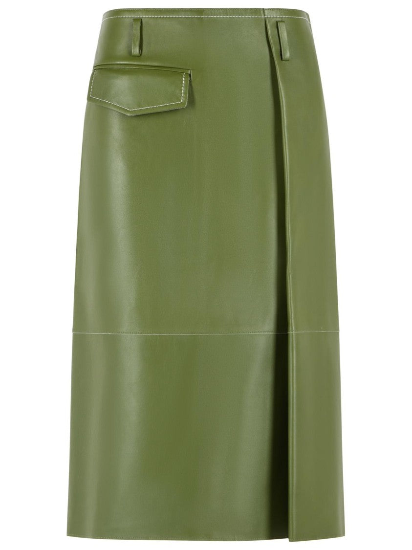 Marni Midi Skirt In Green Nappa Leather With Asymmetric Pocket