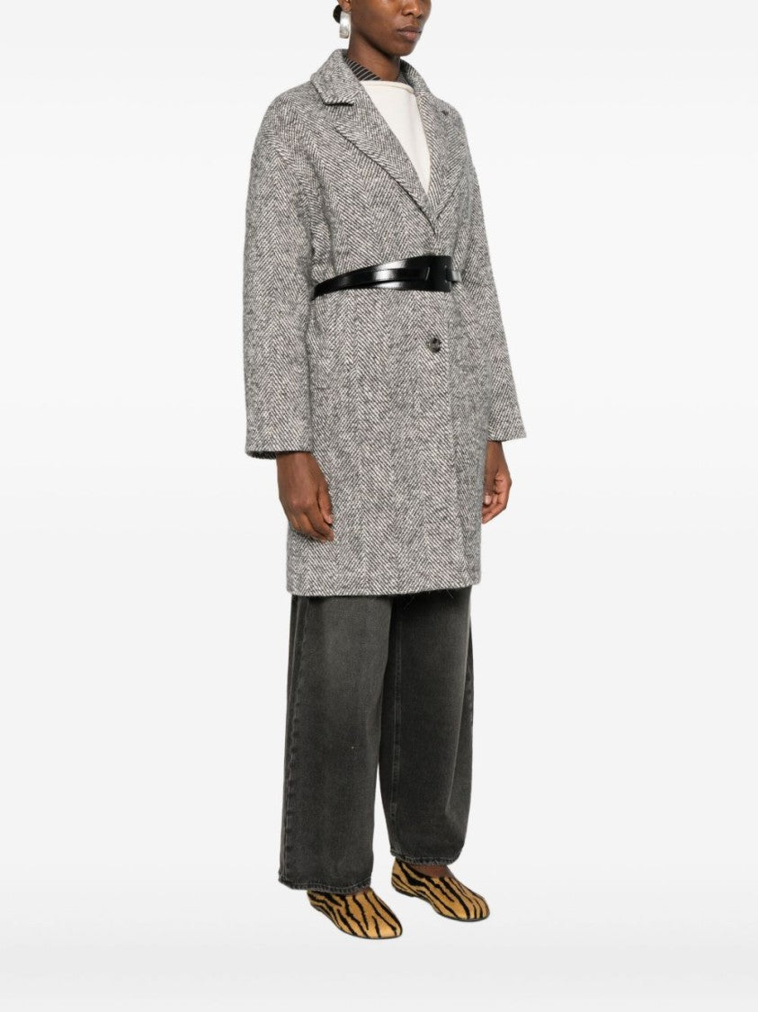 Liu Jo Tailored Herringbone Grey Coat With Slim Belt