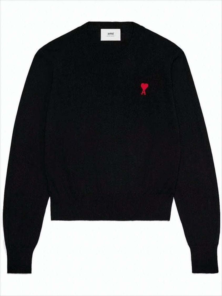 Ami Fitted Black Merino Wool Sweater With Heart Logo