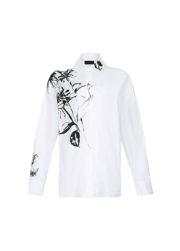 Liu Jo White Cotton Poplin Shirt With Black Floral Print And Rhinestone Details