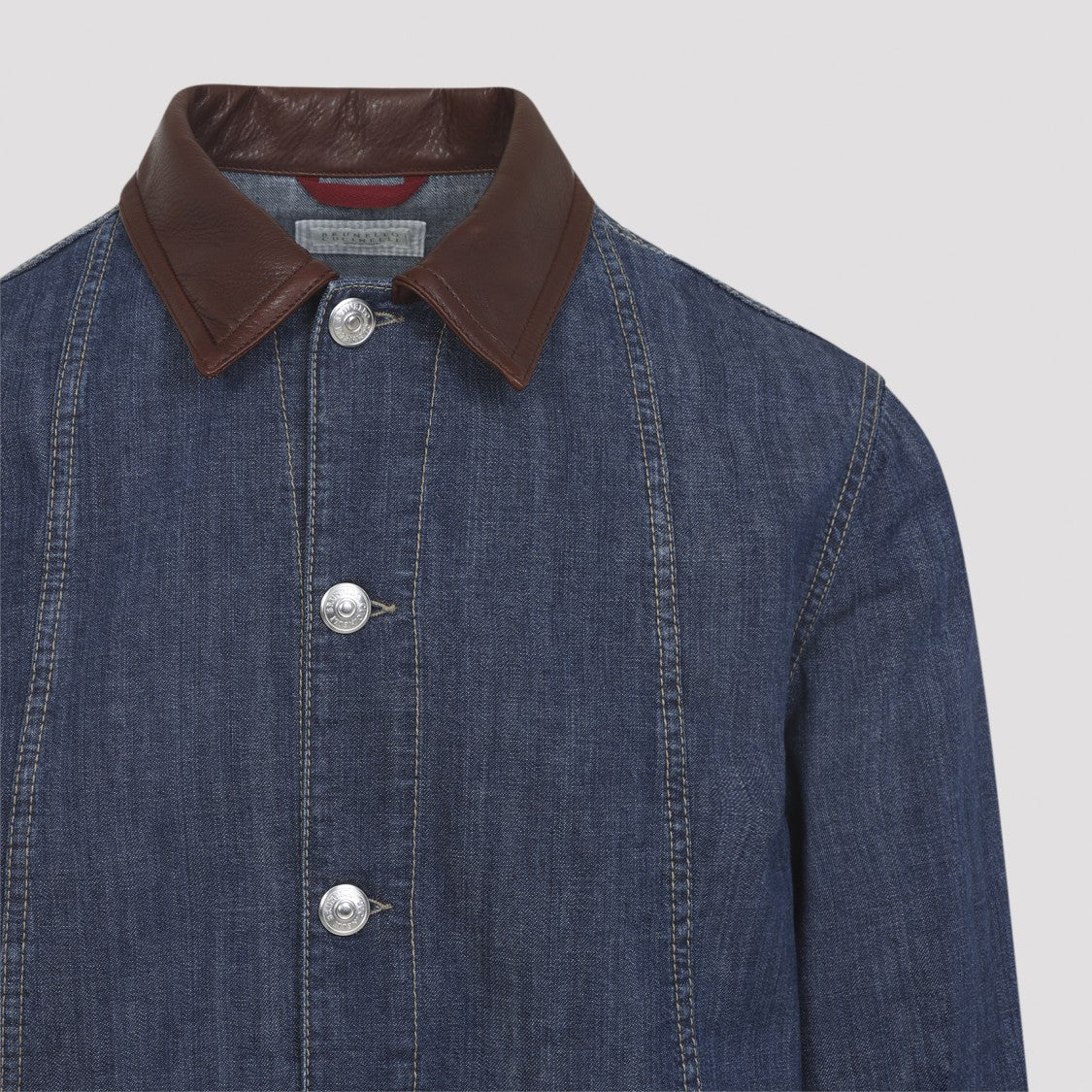 Brunello Cucinelli Leather Collar Blue Cotton Jacket