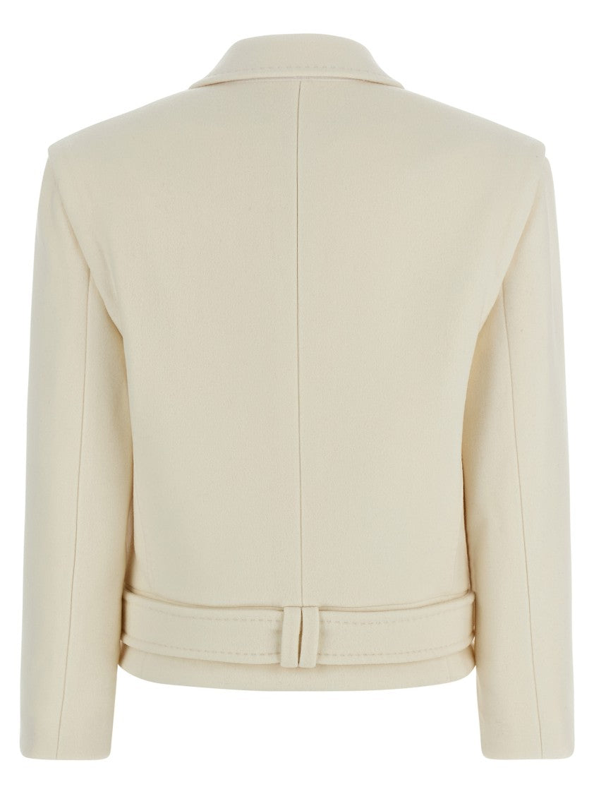 Balmain Double-Breasted Short Wool Blend Coat With Padded Shoulders And Belt Detail