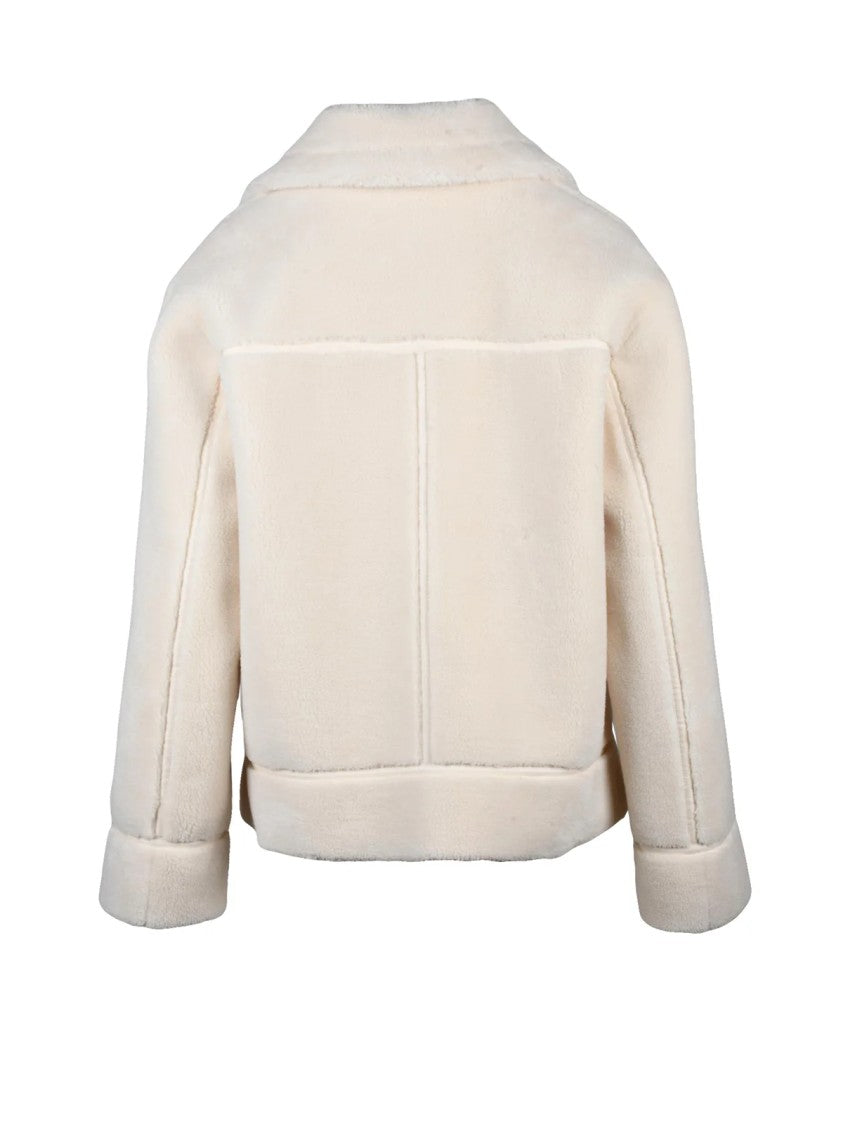 Pennyblack Cream Plush Jacket With Zip Closure And Faux Leather Interior