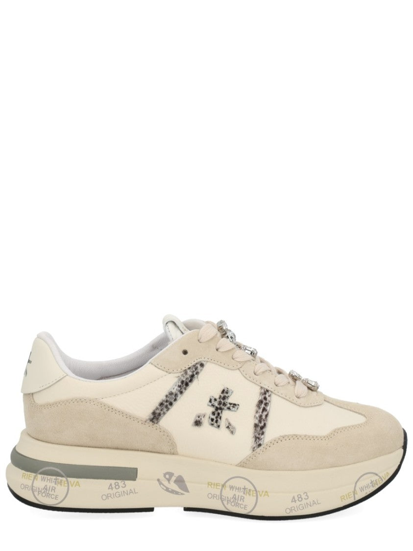 Premiata White Sneakers With Calf Leather And Rhinestone Laces