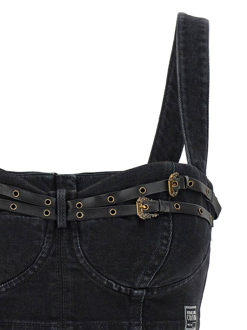 Versace Jeans Couture Cropped Denim Top With Leather Straps
