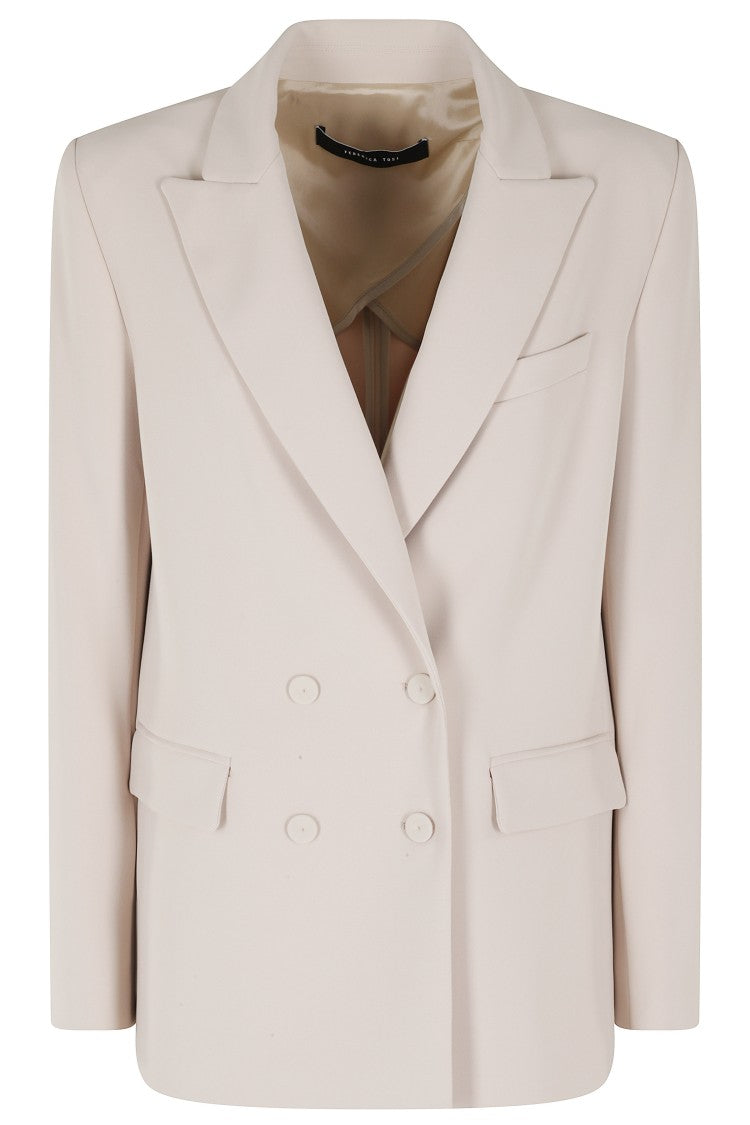 Federica Tosi Sand Double-Breasted Blazer Cady Padded-Epaulettes Polyester Blazer