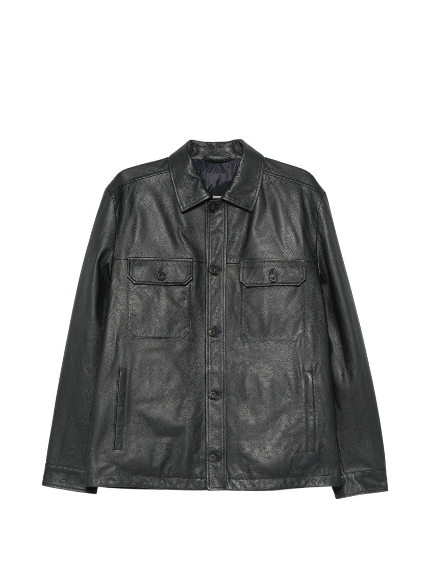 Corneliani Grained Black Calf Leather Zip Jacket