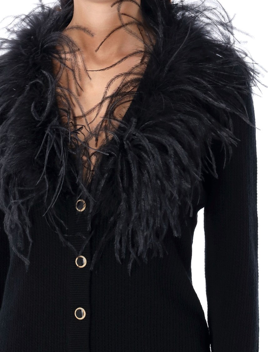 Alessandra Rich Black Wool Cardigan With Feather Trim