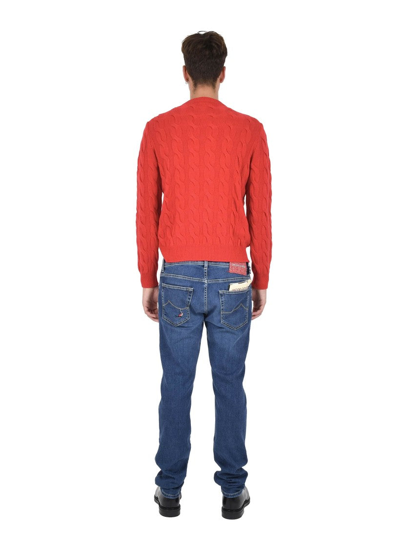 Jacob Cohen Red Cashmere Cable Knit Crew Neck Sweater