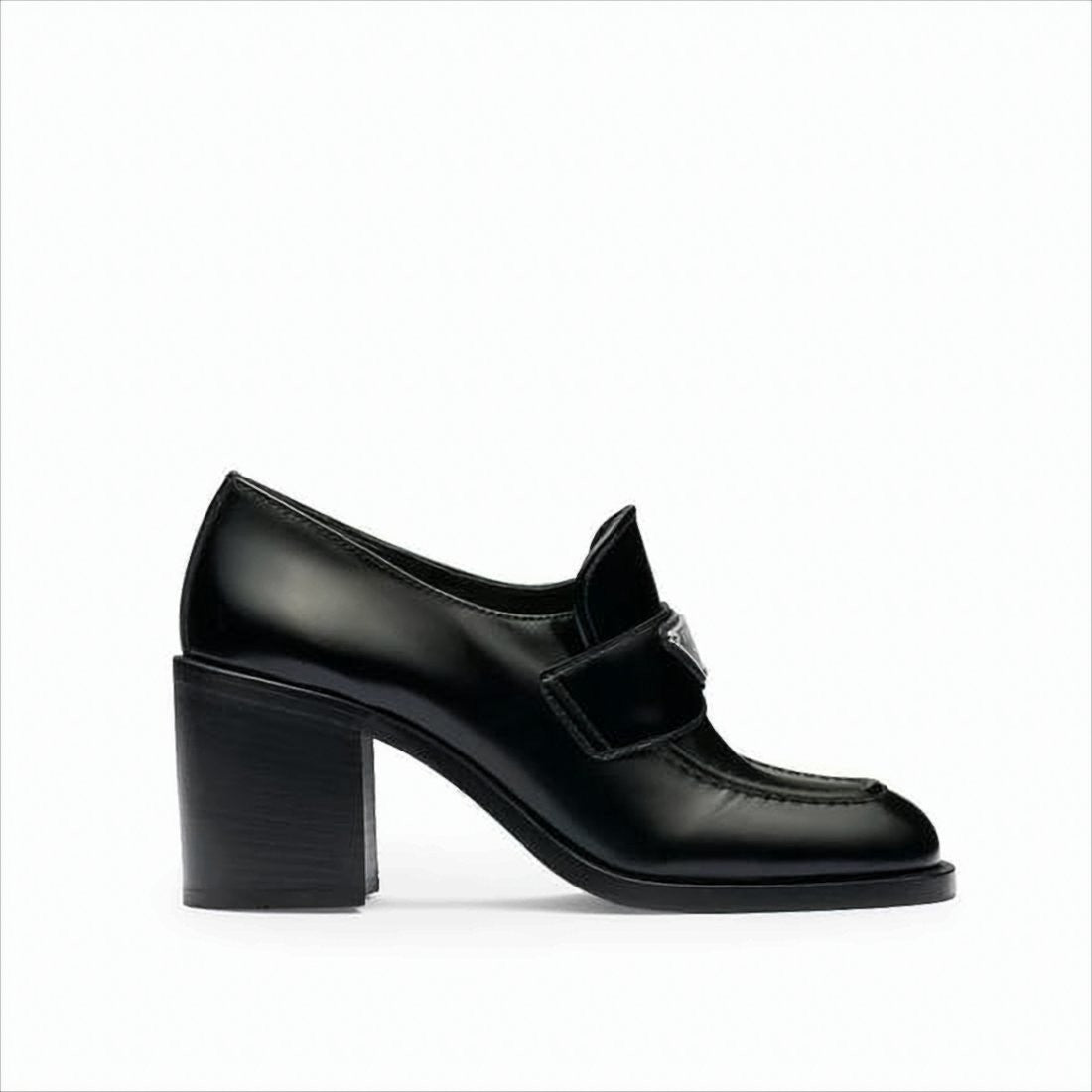 Prada Polished Leather Loafer With Prominent Strap And Block Heel