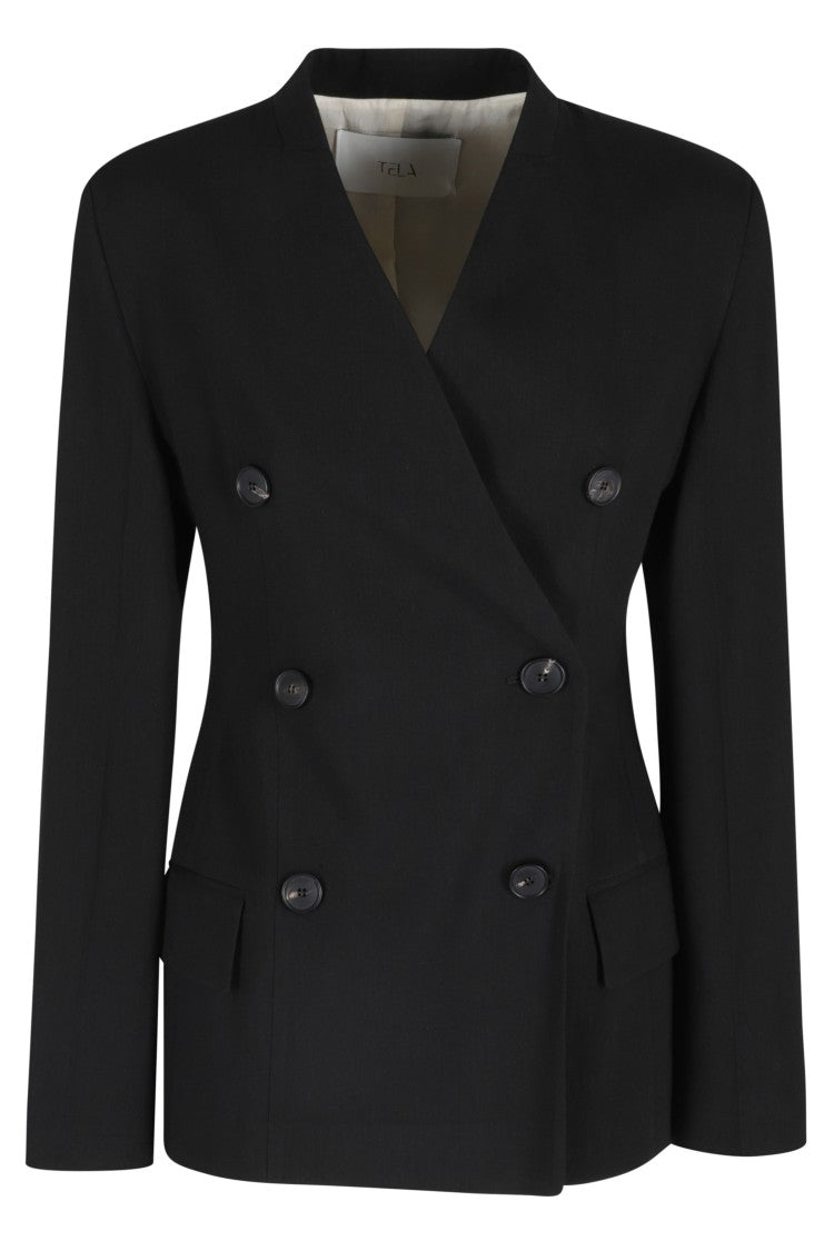 Tela Black Cles Double-Breasted V-Neck Linen-Blend Jacket