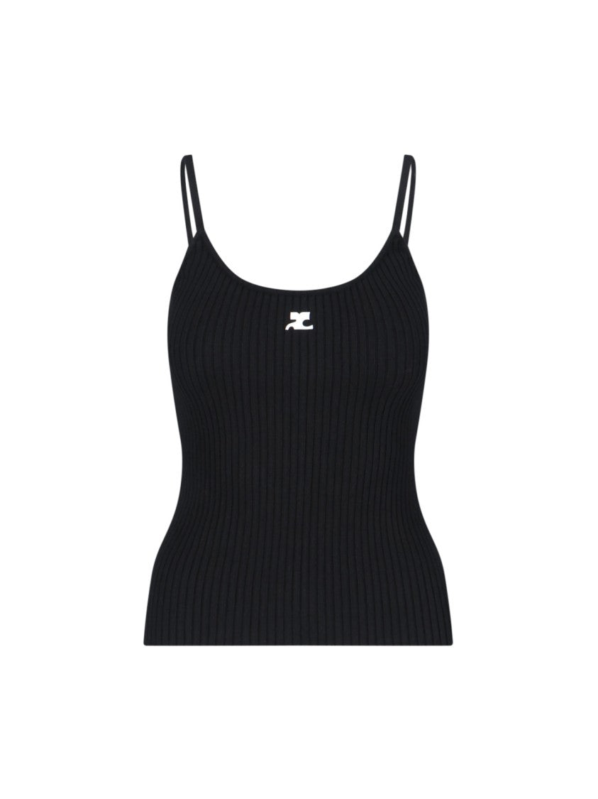 Courrèges Ribbed Black Tank Top With U-Neckline