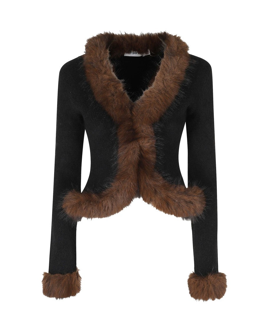 Self-Portrait Deep V-Neck Cardigan With Faux Fur Detailing
