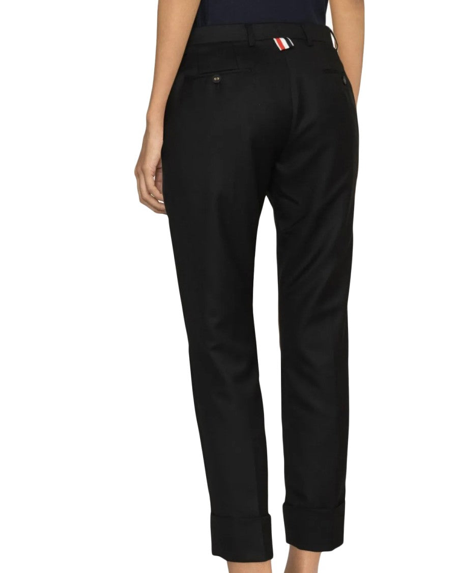 Thom Browne Tailored Black Straight Pants With Cuffed Hem And Silk Lining