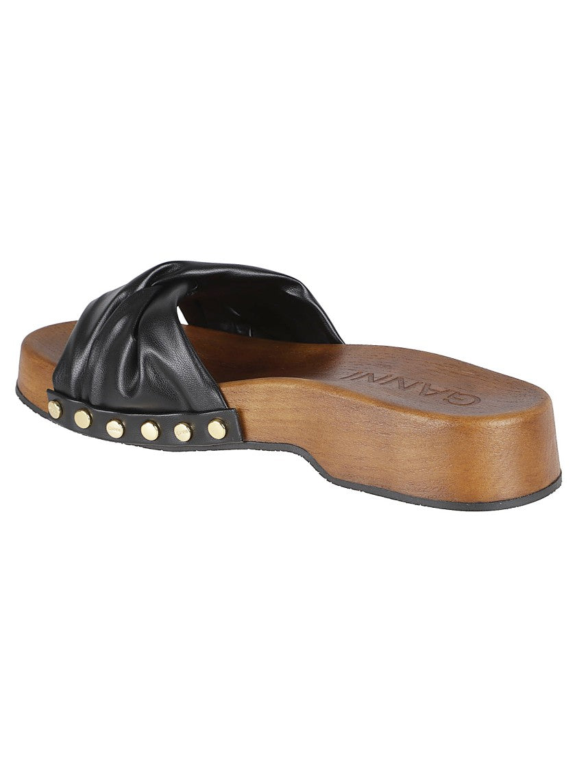 Ganni Knotted Strap Slip-On Sandals With Gold-Stud Accents