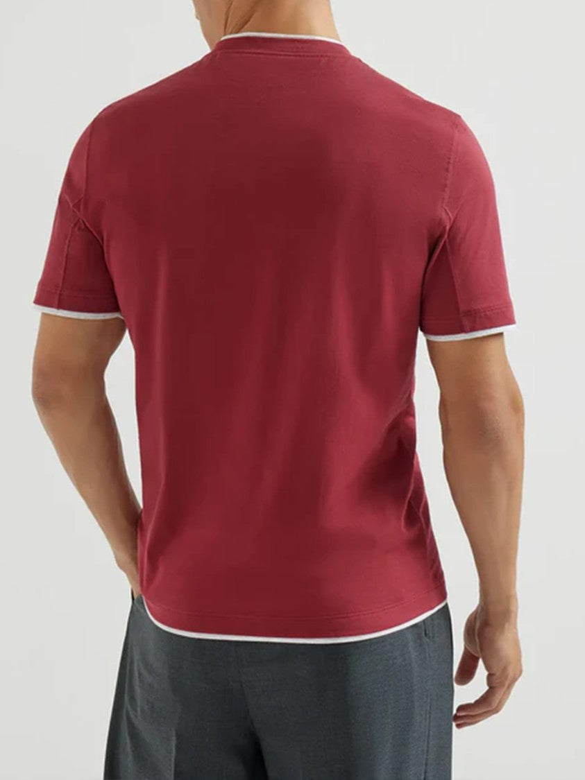 Brunello Cucinelli Red Contrasting Crew Neck Cotton T-Shirt