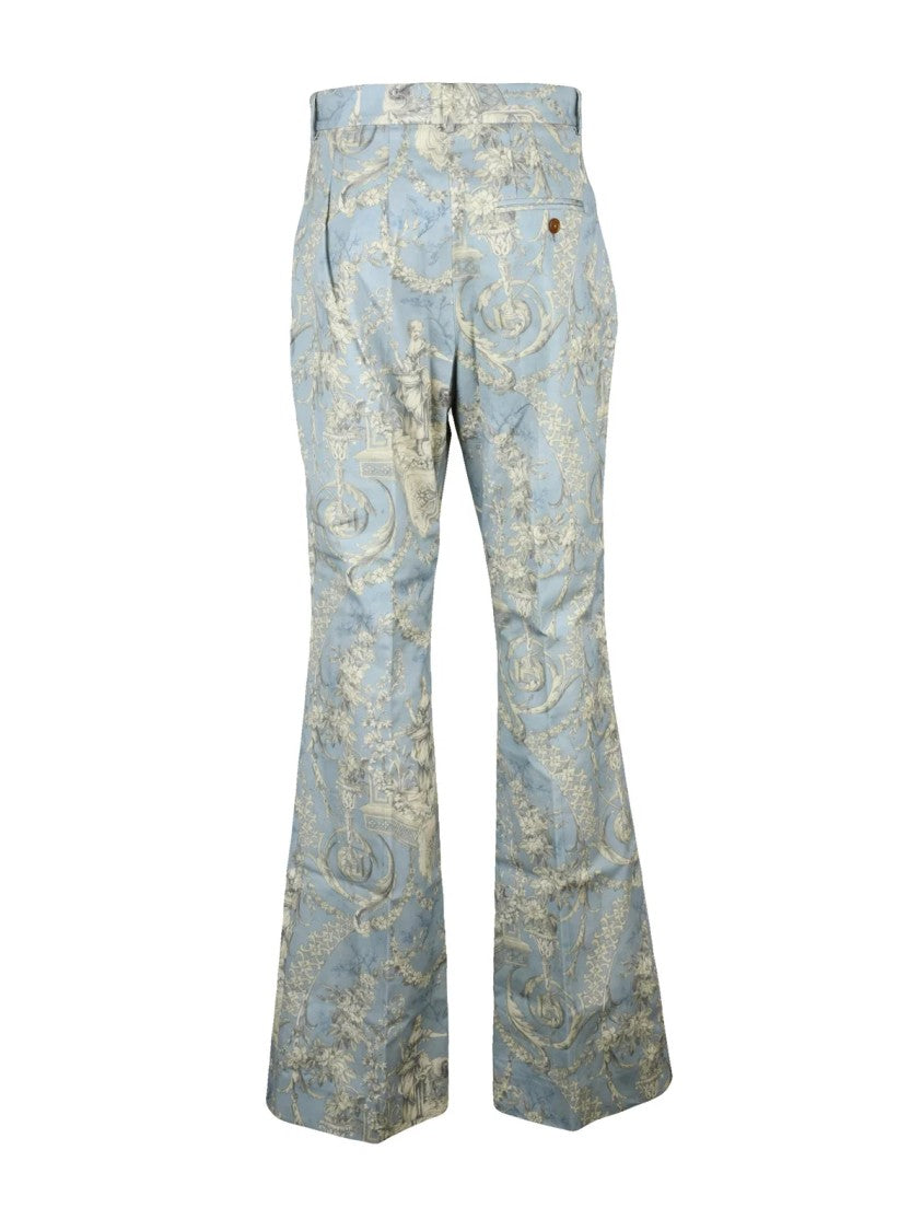 Vivienne Westwood Tailored Light Blue Cotton Trousers With Vintage Floral Motif