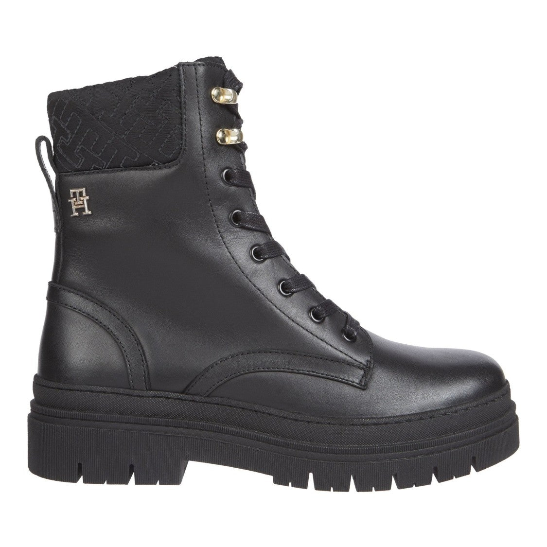 Tommy Hilfiger Black Cleated Lace-Up Padded Collar Leather Boots