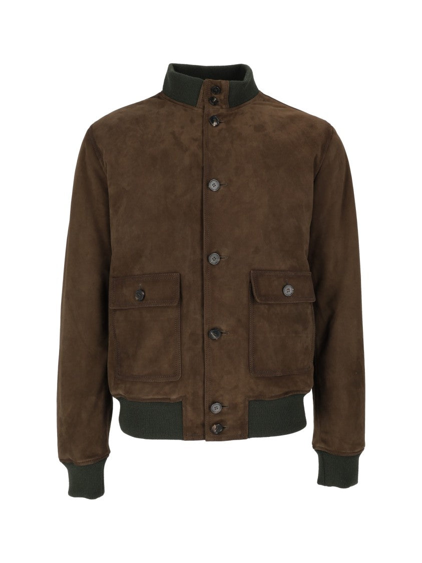 Stewart Suede Bomber Jacket With Knit Collar And Button Closure
