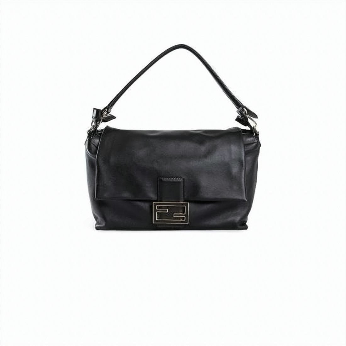 Fendi Geometric Clasp Black Lambskin Shoulder Bag