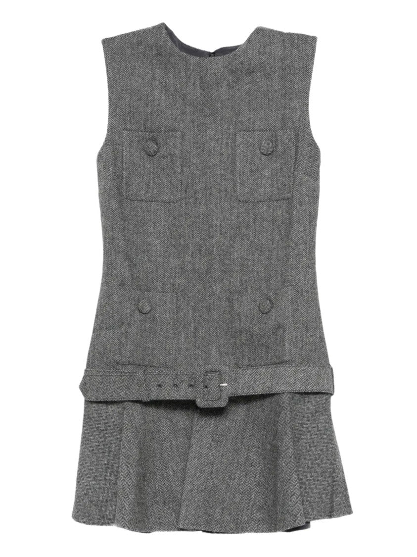 Self-Portrait Gray Herringbone Pattern Wool Dress