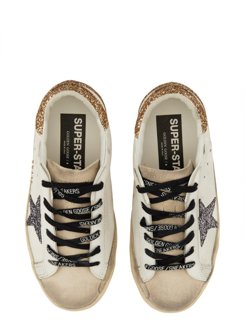 Golden Goose Superstar Distressed Glitter Accent Leather Sneakers