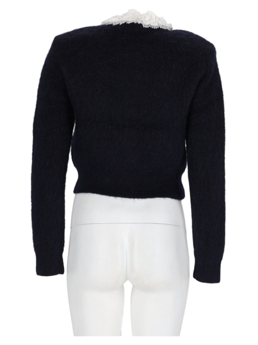 Self-Portrait Blue Cropped Fuzzy Lace-Trim Alpaca-Blend Sweater