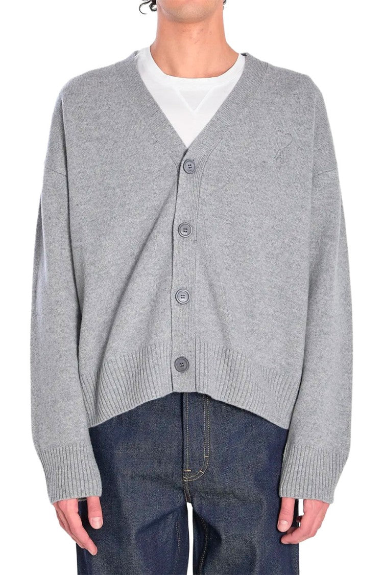 Ami Paris Grey V-Neck Button-Front Wool-Blend Cardigan