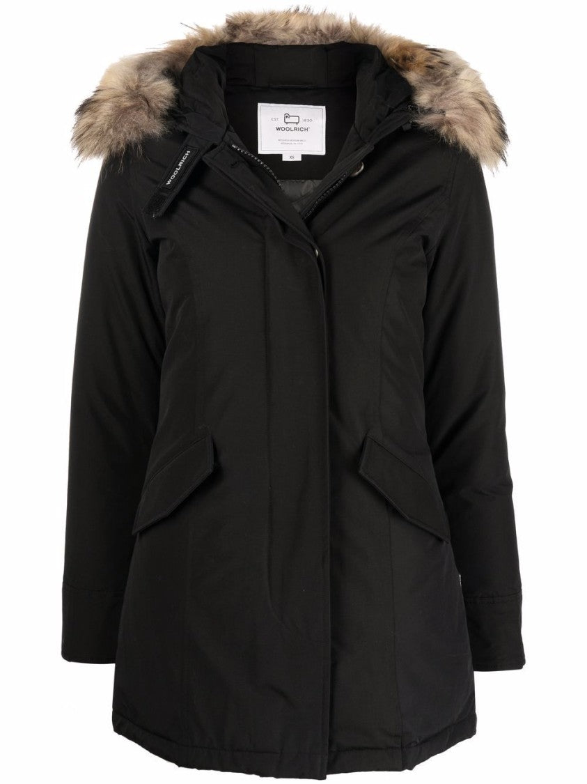 Woolrich Mid-Length Black Parka With Detachable Fur-Trimmed Hood
