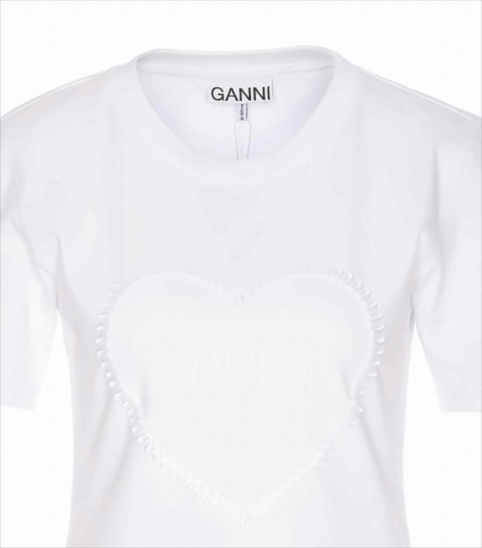 Ganni Short-Sleeved White T-Shirt With Heart Embroidery