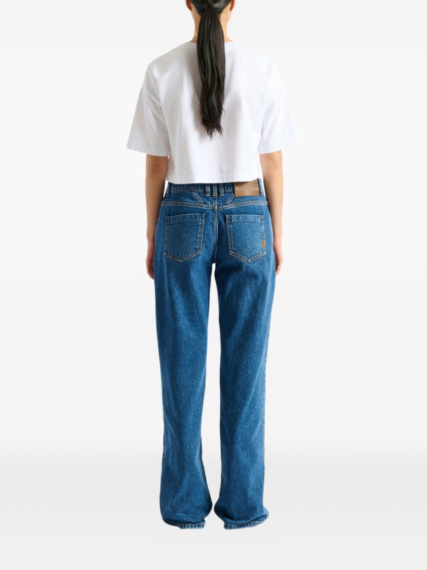 Balmain White Embroidered Cropped Ribbed Logo T-Shirt